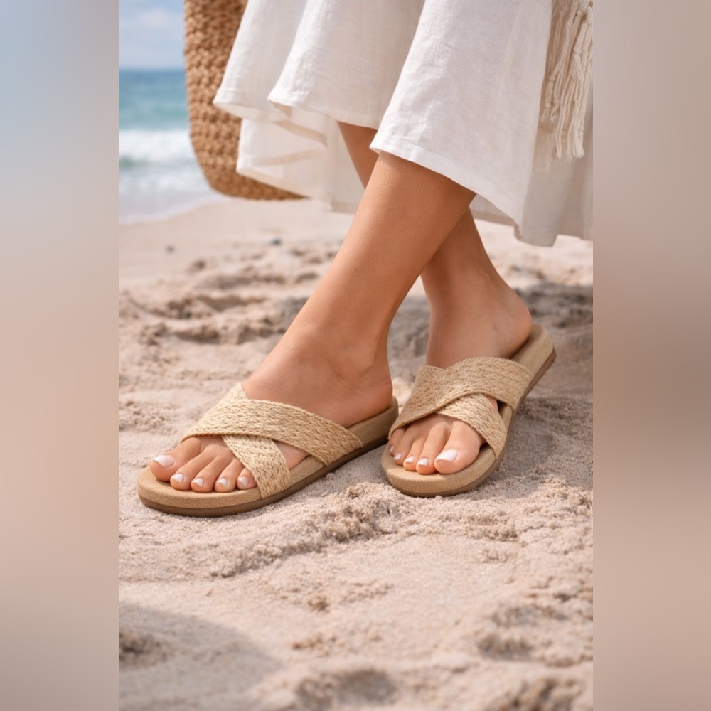 Sanuk She Crazy Jute Slide Sandals Natural Woven Strap Comfort Size 7